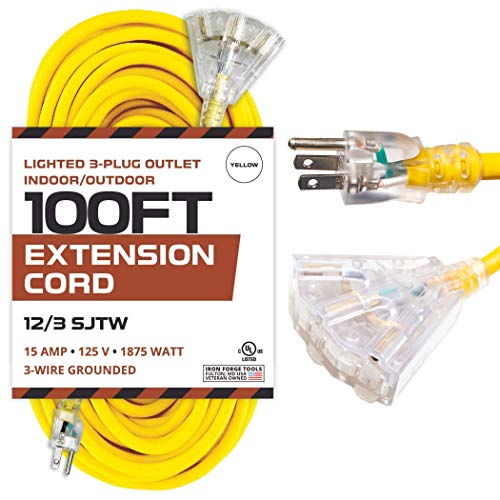 IRON FORGE CABLE, 100ft Lighted Outdoor Extension Cord- 3 Outlets - 12 Gauge- Yellow