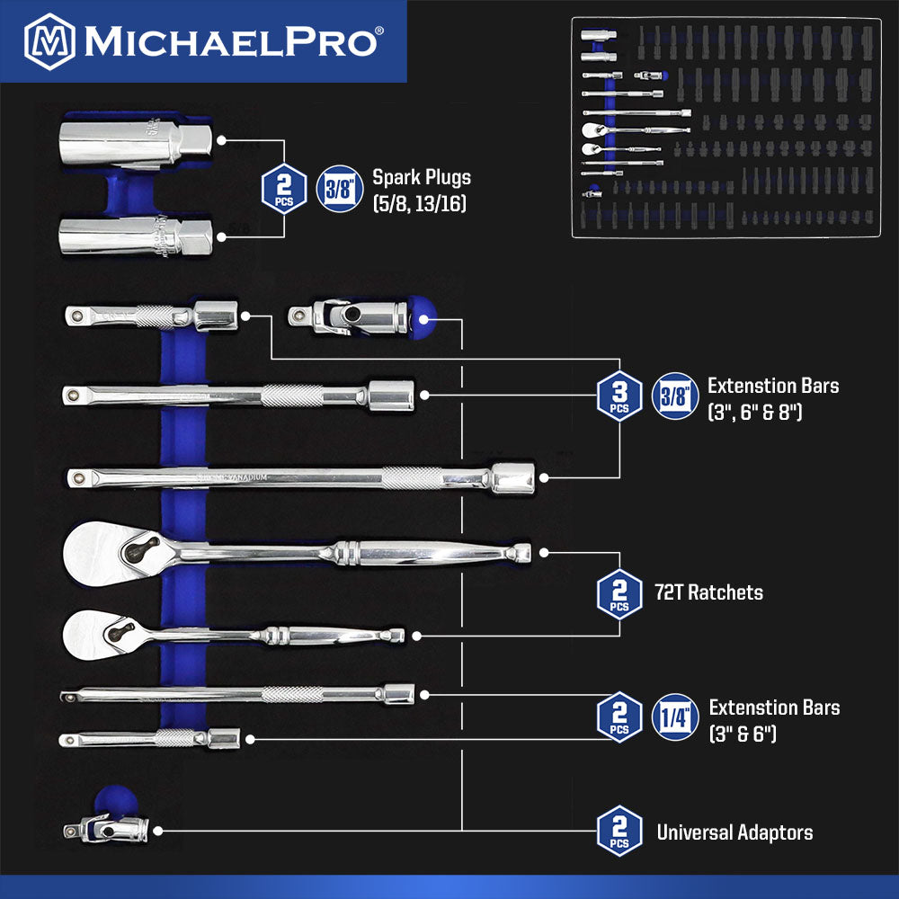 MichaelPro, 101 Pieces 3/8-Inch and 1/4-Inch Drive Socket Set (MP005004)