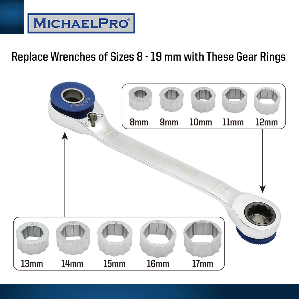 MichaelPro, 11-in-1 Ratcheting Wrench with Interchangeable Gear Rings (MP001204)