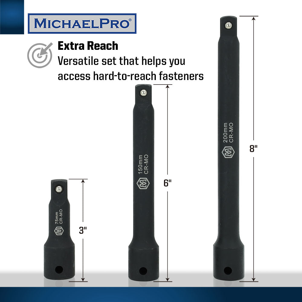 MichaelPro, 1/2" Drive Impact Extension Bar Set- 3”, 6”, 8” (MP005041)