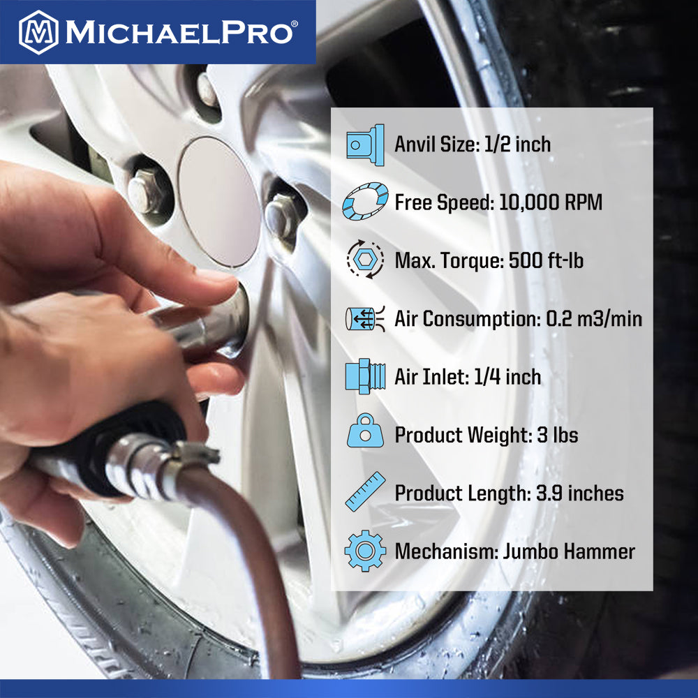 MichaelPro, 1/2" Drive Mini Air Impact Wrench, 500 ft-lbs Max Torque Output (MPA01034)