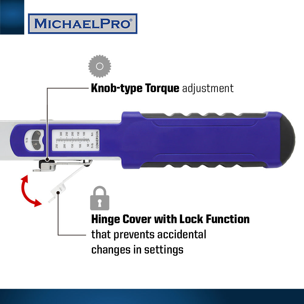 MichaelPro, 1/2" Drive Split Beam Torque Wrench with Flex Head, 40 – 250 ft-lb (MP001209)