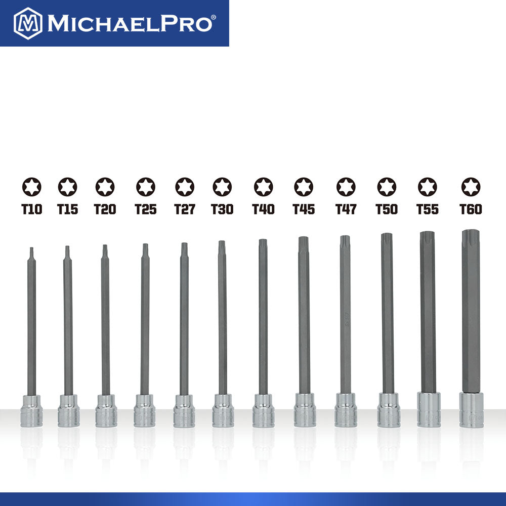 MichaelPro, 12-Piece 3/8” Drive 6-Inches Long Torx Bit Socket Set, T10 to T60 (MP012019)