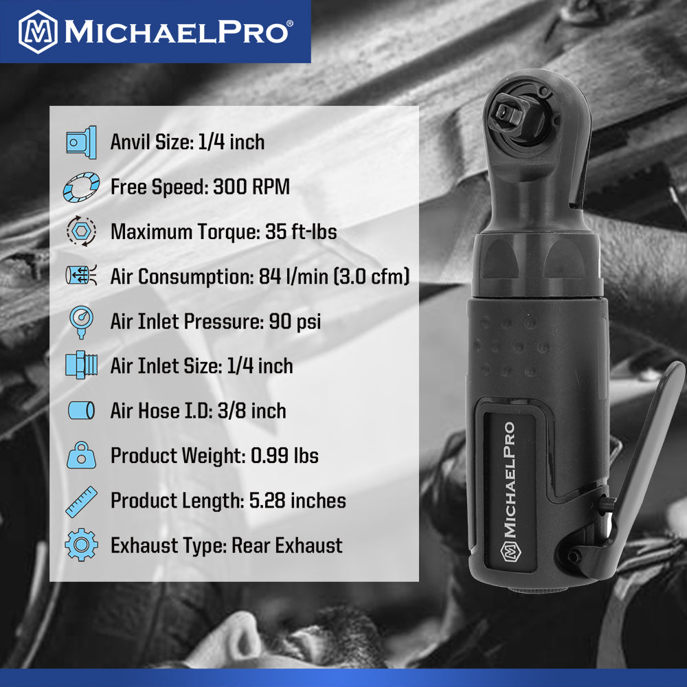 MichaelPro, 1/4" Drive Mini Air Ratchet Wrench, 35 ft-lbs Max Torque Output (MPA01044)