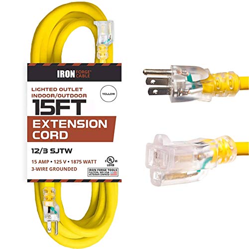 IRON FORGE CABLE, 15 Foot Lighted Outdoor Extension Cord - 12 Gauge- Yellow