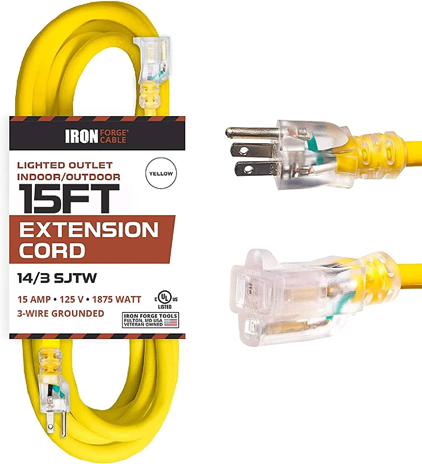 IRON FORGE CABLE, 15 Foot Lighted Outdoor Extension Cord - 14 Gauge - Yellow