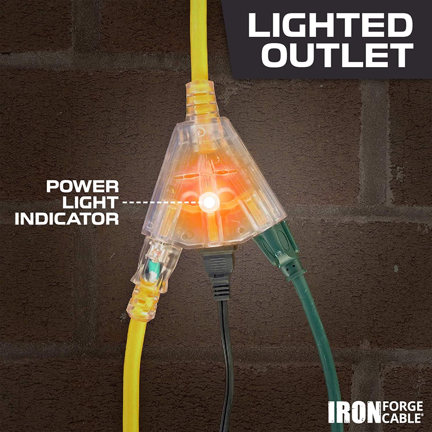 IRON FORGE CABLE, 15 Foot Lighted Outdoor Extension Cord- 3 Outlets - 12 Gauge- Yellow