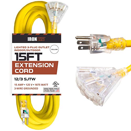 IRON FORGE CABLE, 15 Foot Lighted Outdoor Extension Cord- 3 Outlets - 12 Gauge- Yellow