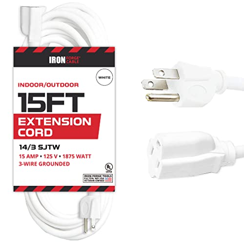 IRON FORGE CABLE, 15 Foot Outdoor Extension Cord - 14 Gauge- White