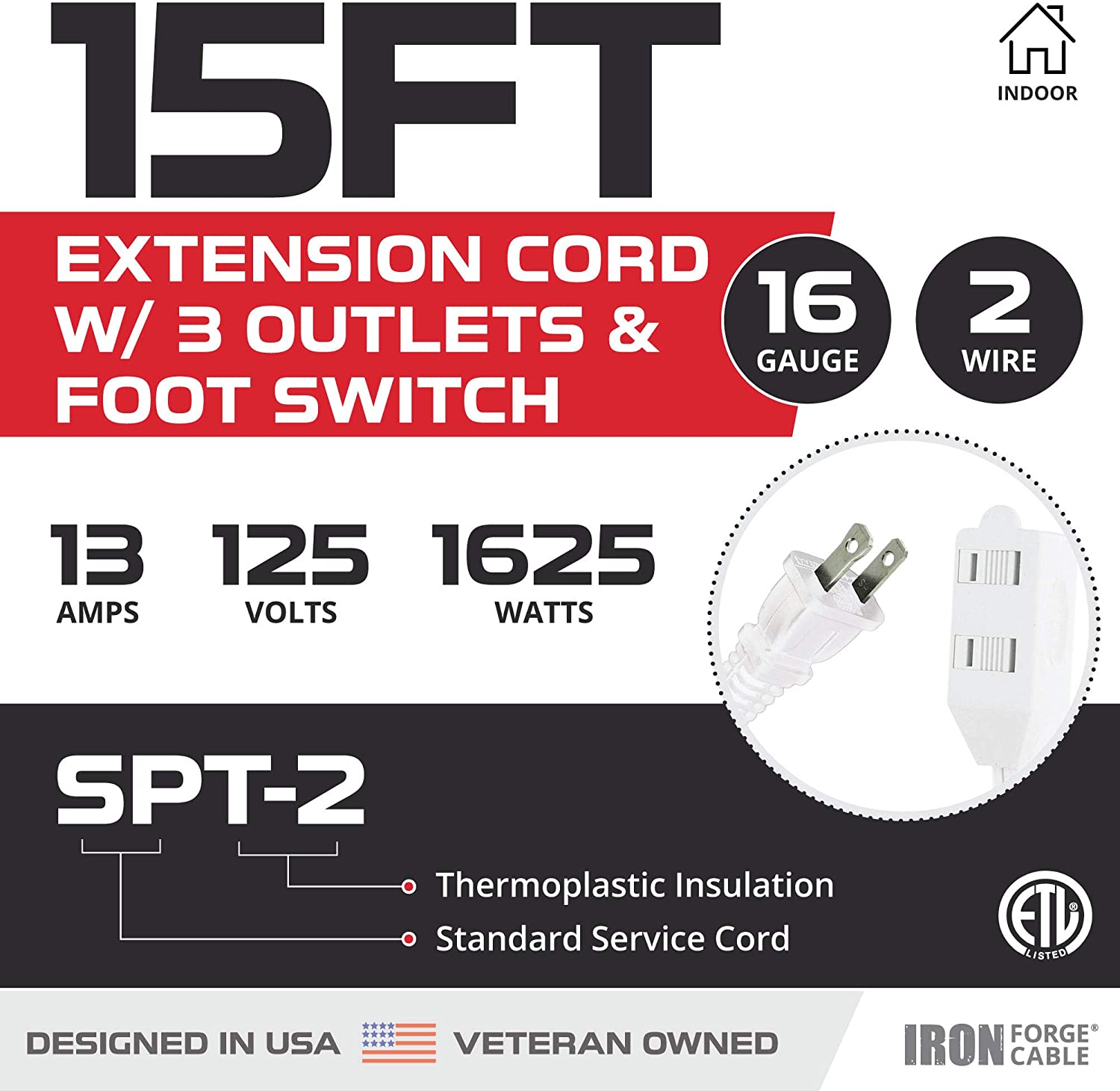 IRON FORGE CABLE, 15 Ft Extension Cord with Foot Switch- 3 Outlet - 16 Gauge- White