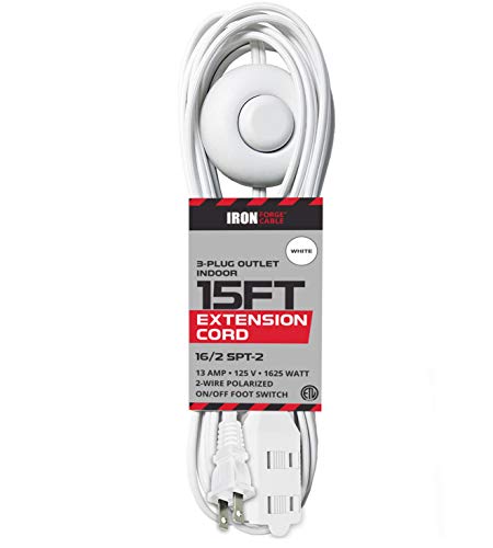 IRON FORGE CABLE, 15 Ft Extension Cord with Foot Switch- 3 Outlet - 16 Gauge- White