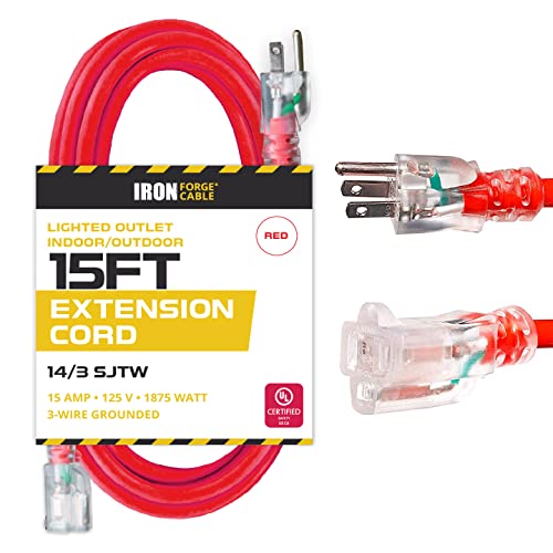 IRON FORGE CABLE, 15 Ft Lighted Extension Cord - 14 Gauge- Red