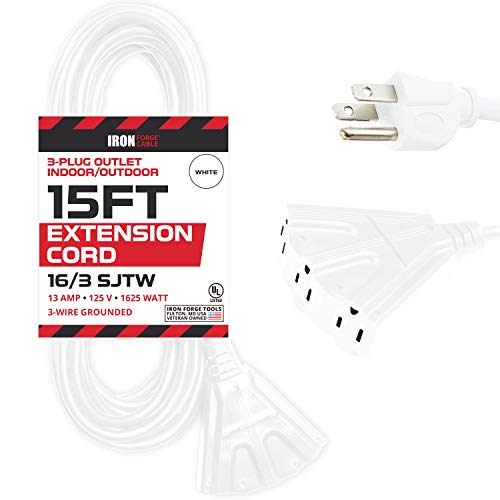 IRON FORGE CABLE, 15 Ft Outdoor Extension Cord- 3 Outlets - 16 Gauge- White