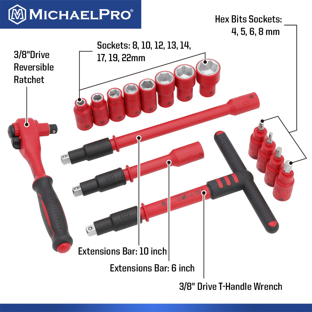 MichaelPro, 16-Piece 3/8" Drive VDE Insulated Socket Set (MP005047)