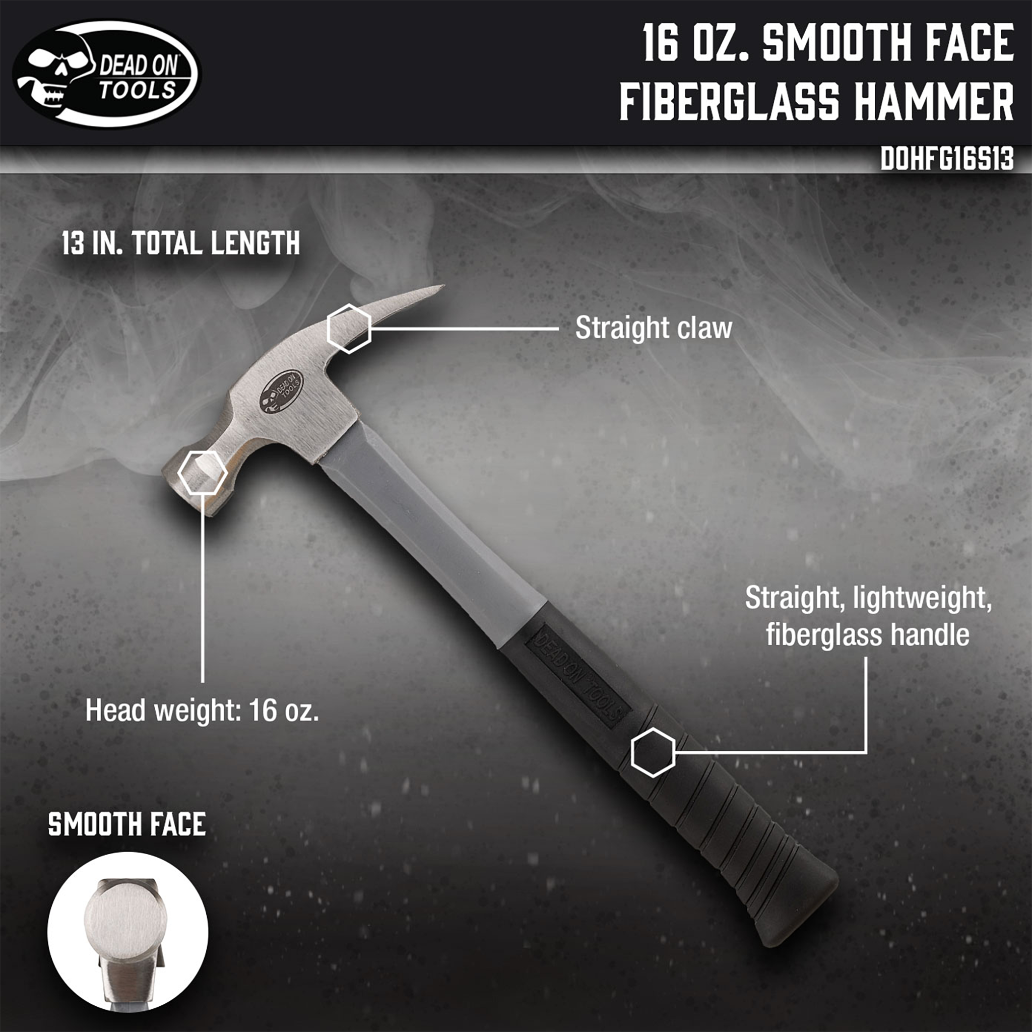 Dead On Tools, 16 oz. Smooth Face Fiberglass Hammer