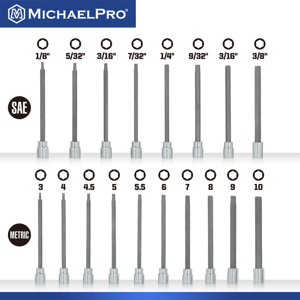 MichaelPro, 18-Piece 3/8”Drive 6-Inches Long Hex Bit Socket Set in Standard SAE & Metric Sizes (MP012020)