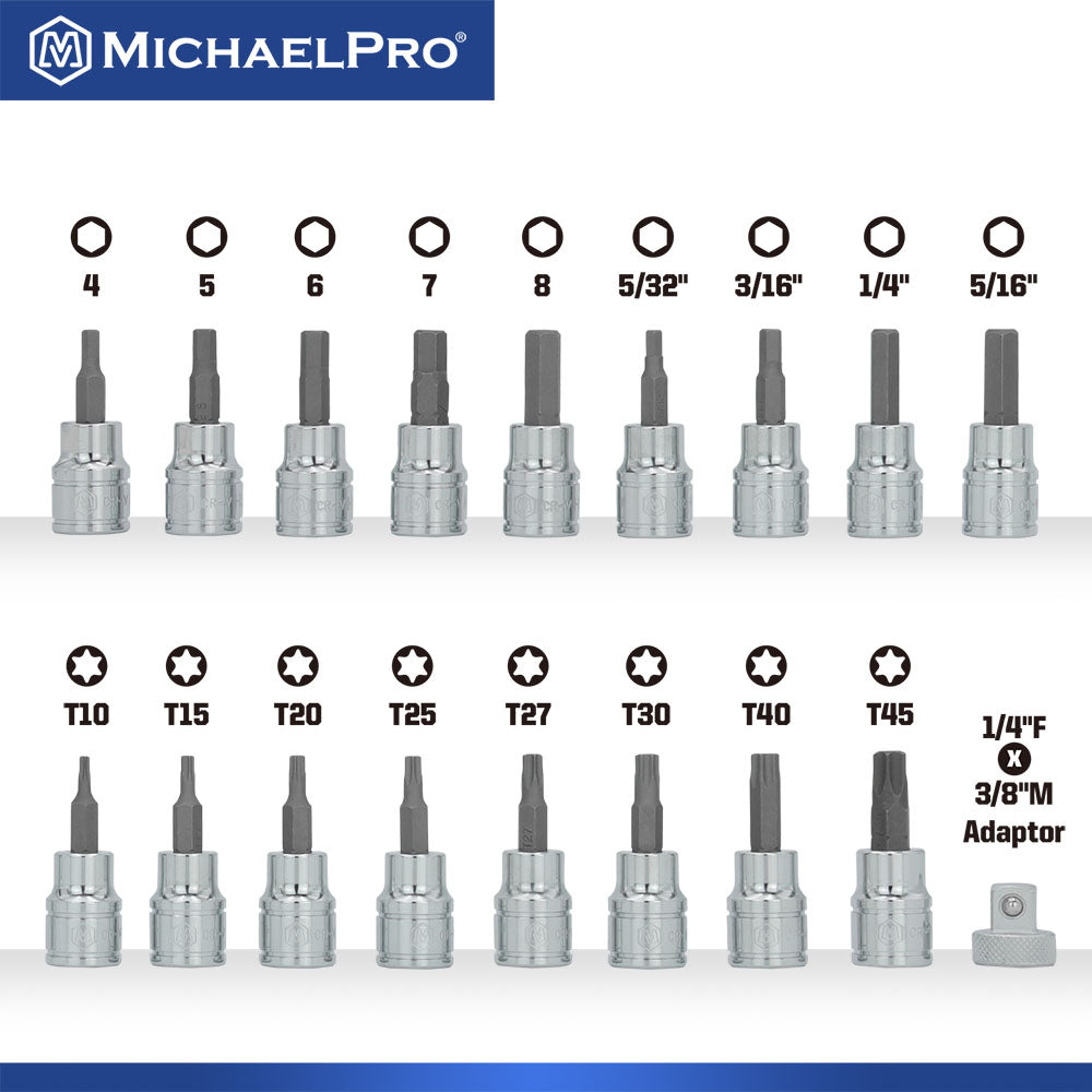 MichaelPro, 18-Piece 3/8”Drive Torx and Hex Bit Set (MP012021)