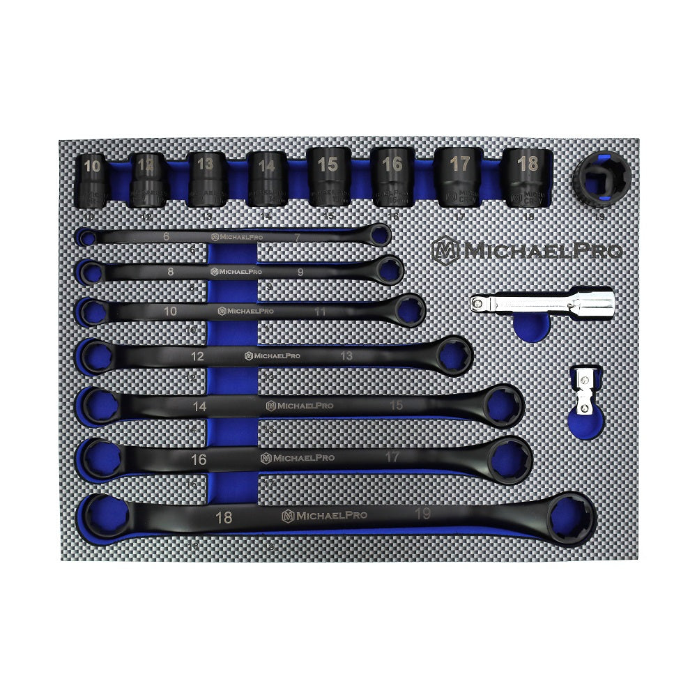 MichaelPro, 18-Piece Black Oxide Bolt Extractor Offset Wrench and Socket Set in Metric Sizes (MP001218)