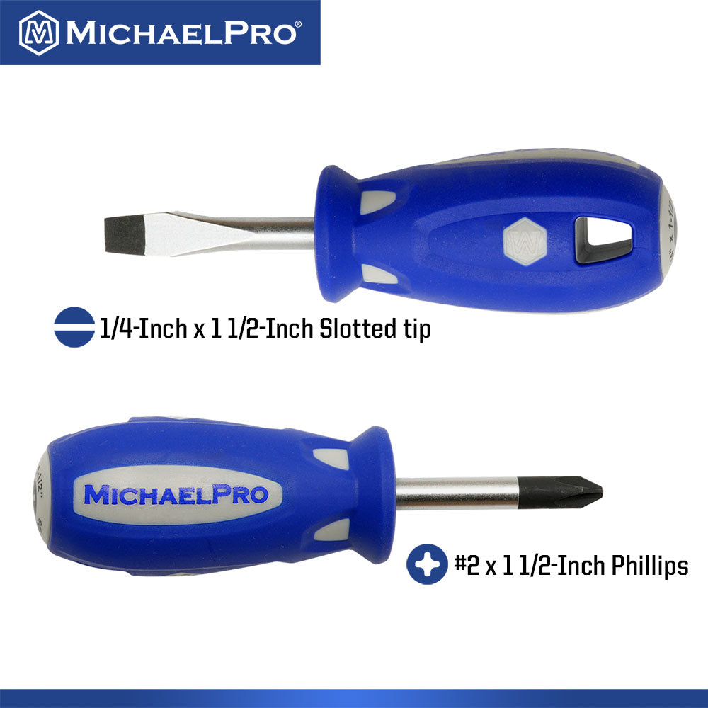 MichaelPro, 2-Piece Stubby Screwdriver Set 1/4-Inch x 1 1/2-Inch Slotted, #2 x 1 1/2-Inch Phillips (MP002040)