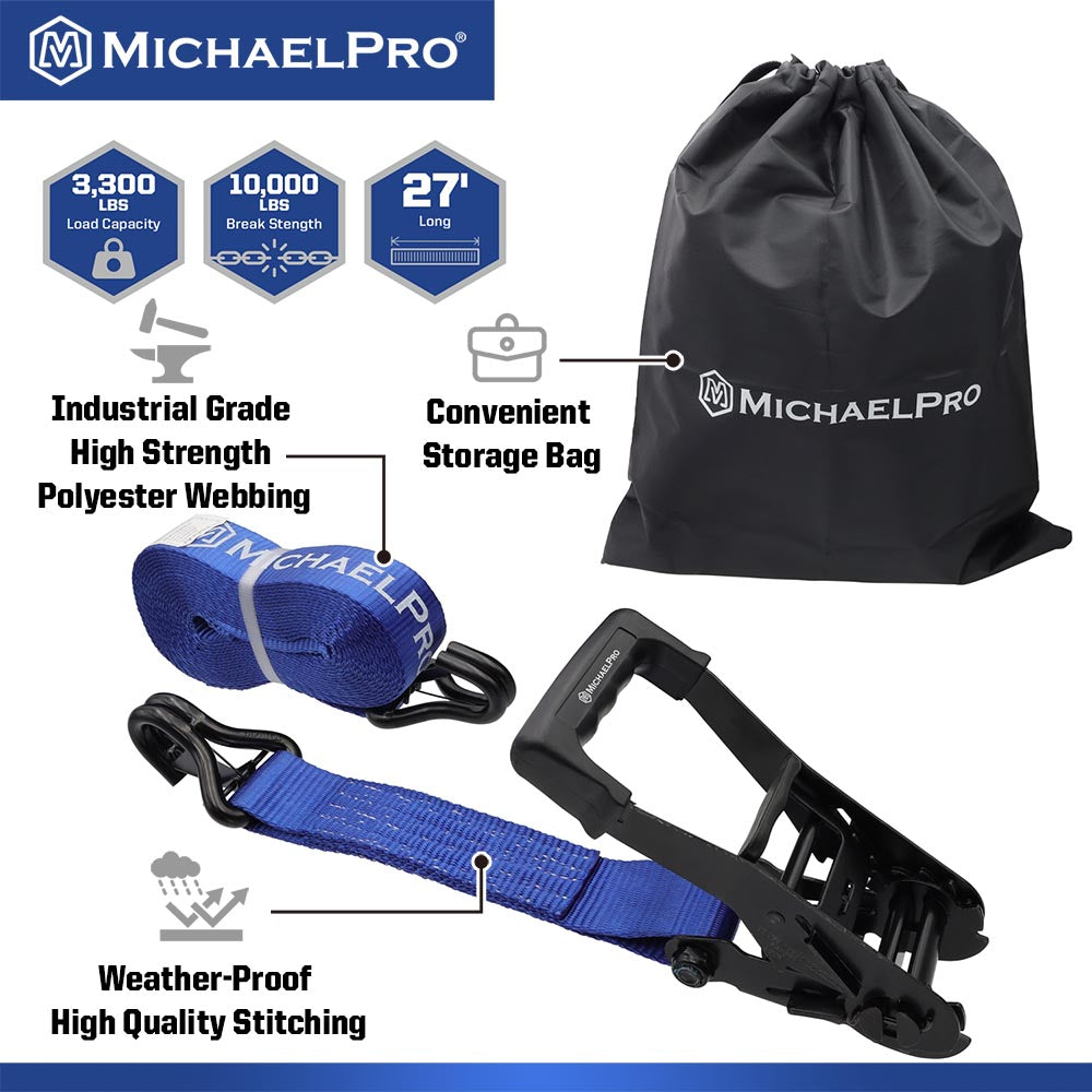 MichaelPro, 2" x 27' Ratchet Tie Down Strap with J-Hook Safety Latches, 10,000 lb Break Strength (MP021003)