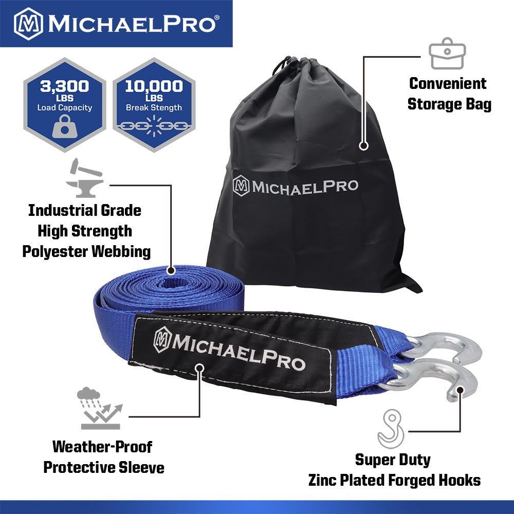 MichaelPro, 2" x 30' Heavy Duty Tow Strap with Forged Hooks, 10,000 lb Break Strength (MP021004)