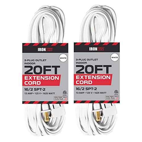 IRON FORGE CABLE, 20 Ft White Extension Cord 2 Pack - 16/2 Durable Electrical Cable