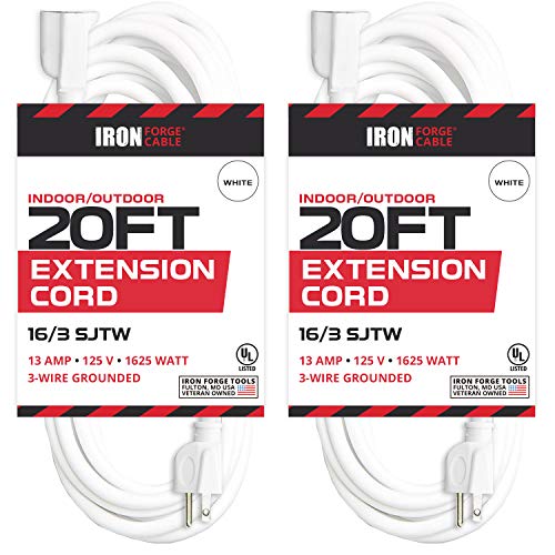 IRON FORGE CABLE, 20 Ft White Extension Cord 2 Pack - 16/3 Durable Electrical Cable