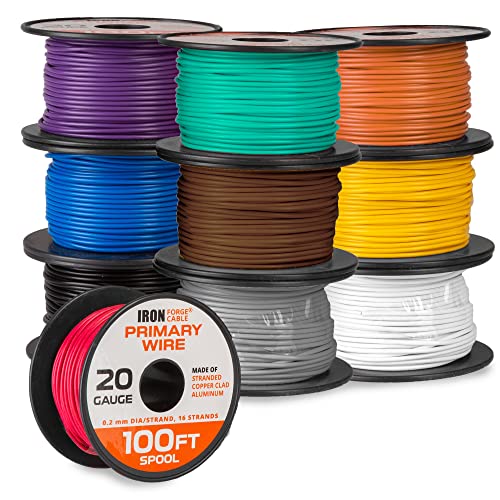 IRON FORGE CABLE, 20 Gauge Primary Wire - 10 Roll Assortment Pack - 100 Ft of Copper Clad Aluminum Wire per Roll