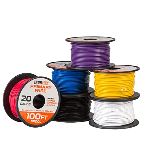 IRON FORGE CABLE, 20 Gauge Primary Wire - 6 Roll Assortment Pack - 100 Ft of Copper Clad Aluminum Wire per Roll