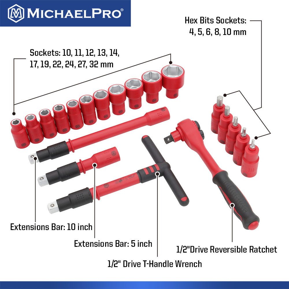 MichaelPro, 20-Piece 1/2" Drive VDE Insulated Socket Set (MP005048)