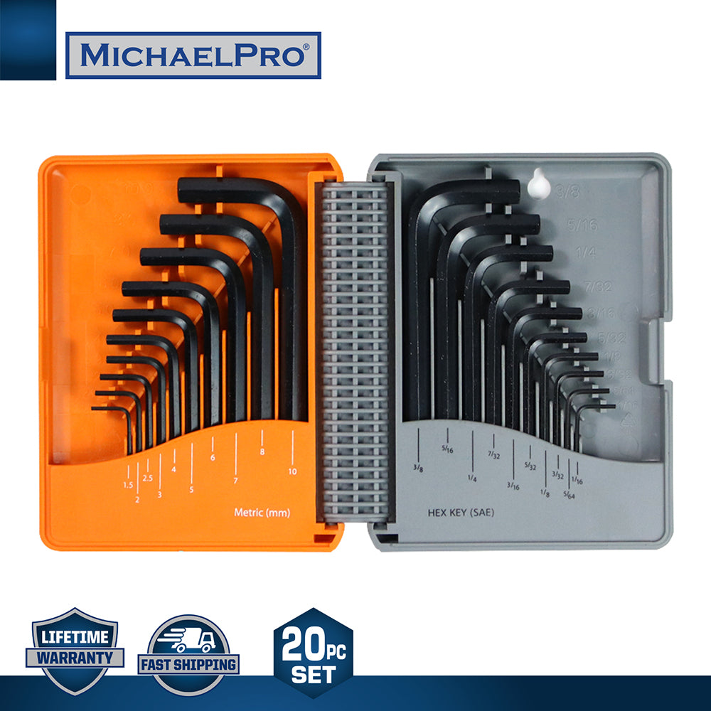 MichaelPro, 20-Piece Short Arm Hex Key Set with Foldable Organizer in Standard SAE & Metric Sizes (MP001046)