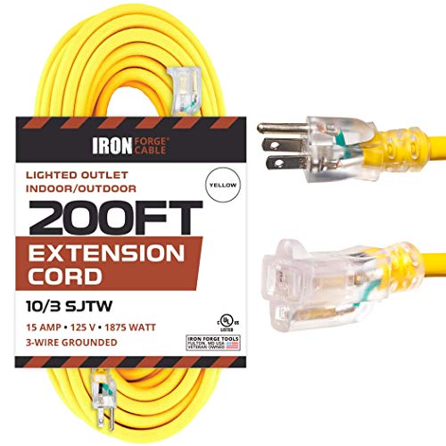 IRON FORGE CABLE, 200 Foot Lighted Outdoor Extension Cord - 10/3 SJTW Yellow 10 Gauge Extension Cable with 3 Prong Grounded Plug for Safety - Great for Garden and Major Appliances