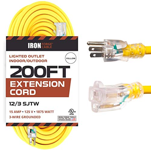 IRON FORGE CABLE, 200 Foot Lighted Outdoor Extension Cord - 12/3 SJTW Heavy Duty Yellow Extension Cable with 3 Prong Grounded Plug for Safety - Great for Garden and Major Appliances