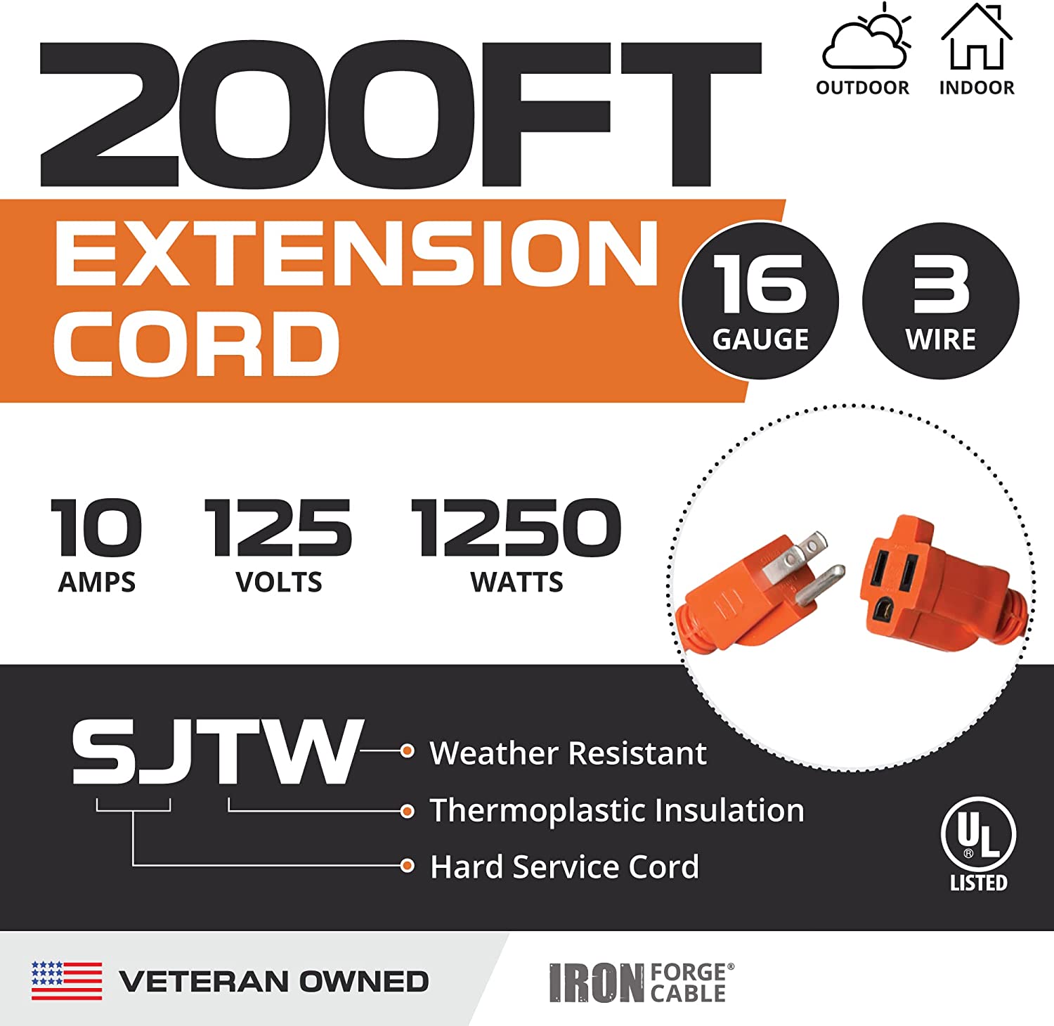 IRON FORGE CABLE, 200 Ft Orange Extension Cord - 16/3 SJTW Heavy Duty Outdoor Extension Cable with 3 Prong Grounded Plug for Safety