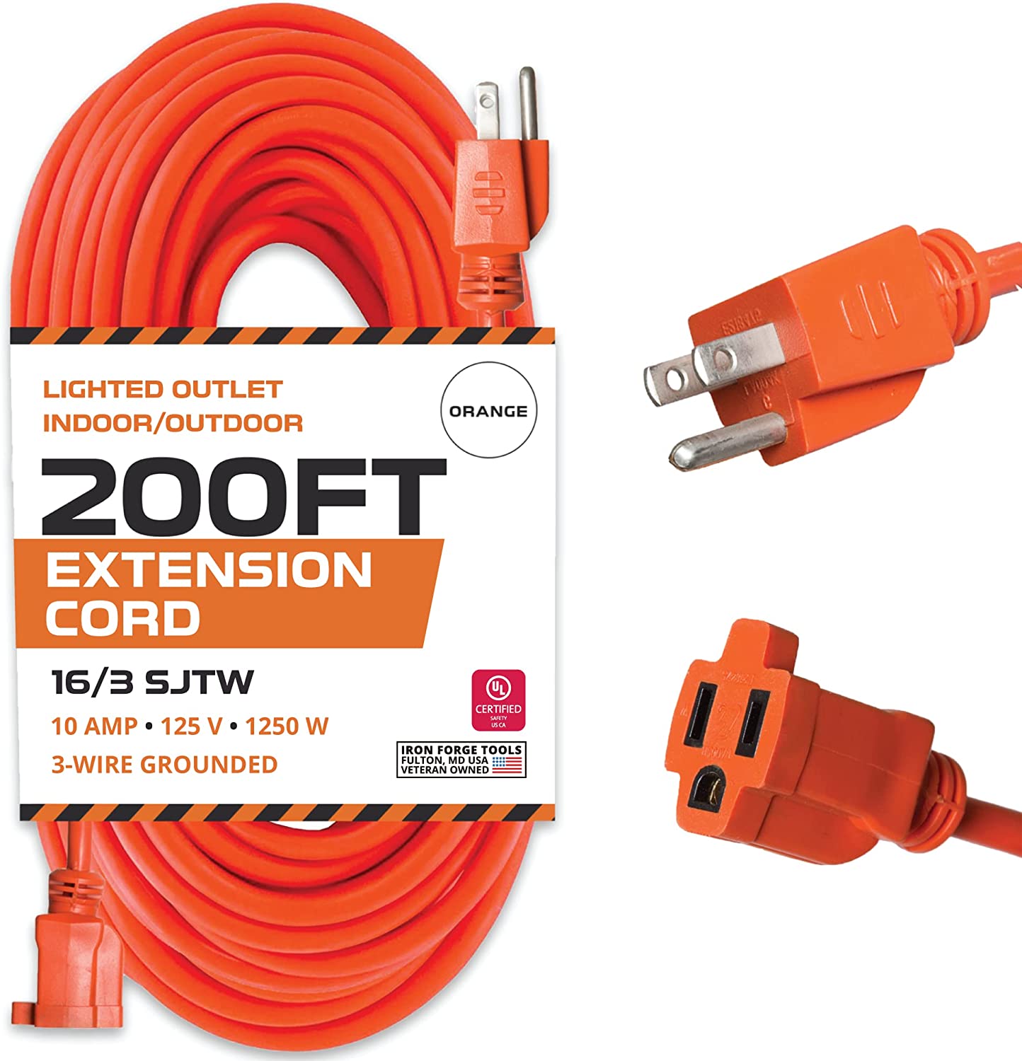 IRON FORGE CABLE, 200 Ft Orange Extension Cord - 16/3 SJTW Heavy Duty Outdoor Extension Cable with 3 Prong Grounded Plug for Safety