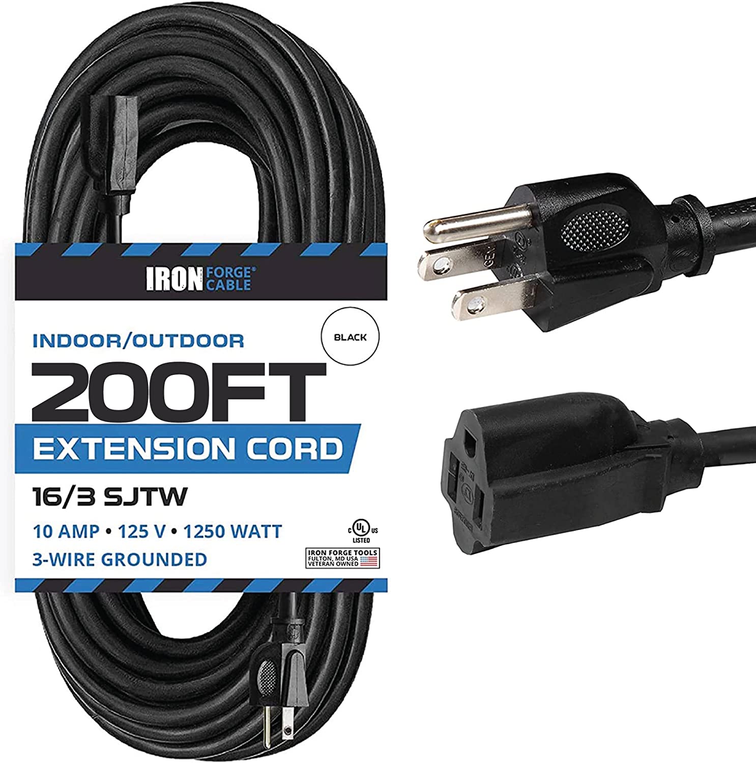 IRON FORGE CABLE, 200 Ft Outdoor Extension Cord - 16/3 Durable Black Cable with 3 Prong Grounded Plug for Safety