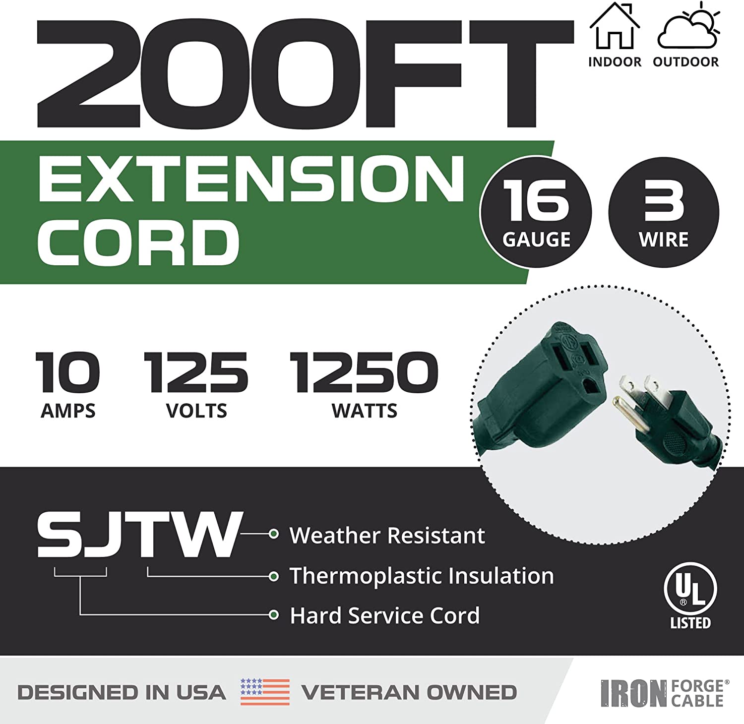 IRON FORGE CABLE, 200 Ft Outdoor Extension Cord - 16/3 SJTW Durable Green Cable -3 Prong Plug