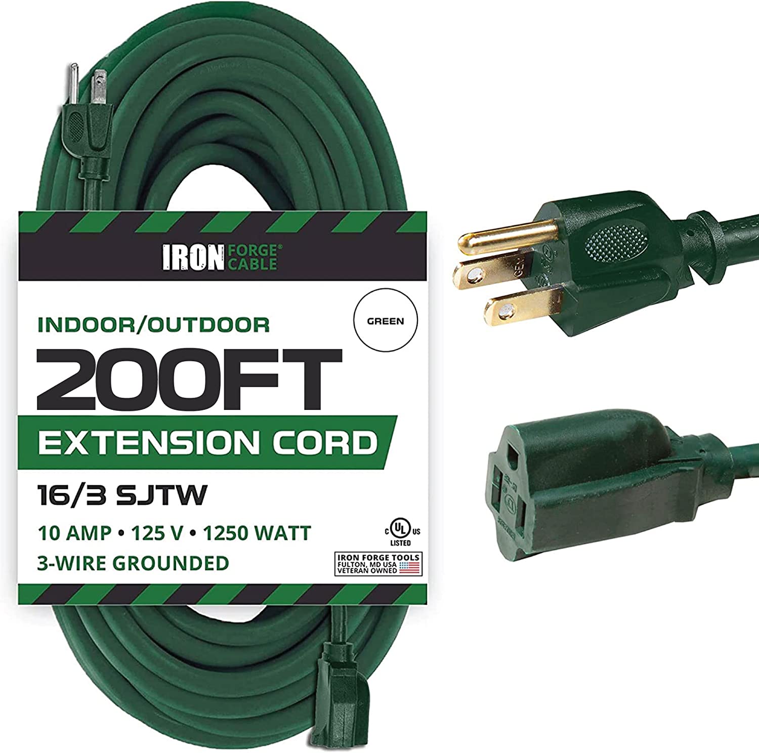 IRON FORGE CABLE, 200 Ft Outdoor Extension Cord - 16/3 SJTW Durable Green Cable -3 Prong Plug