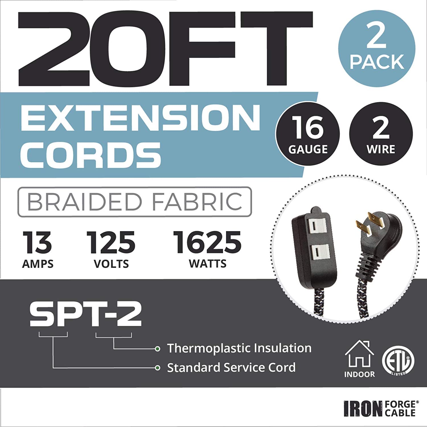 IRON FORGE CABLE, 20Ft Fabric Extension Cord 2 Pack - 16/2 SPT-2 Black and White Braided Cloth Electrical Power Cable Set