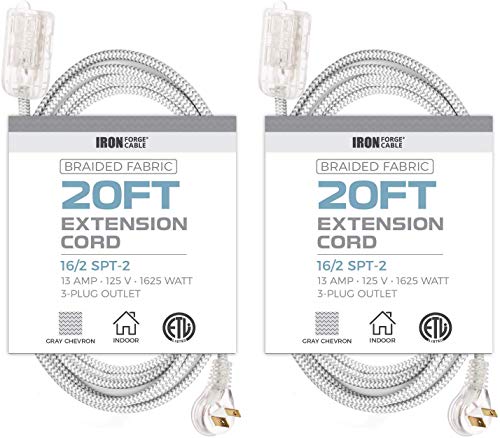 IRON FORGE CABLE, 20Ft Fabric Extension Cord 2 Pack - 16/2 SPT-2 Gray Chevron Braided Cloth Electrical Power Cable Set