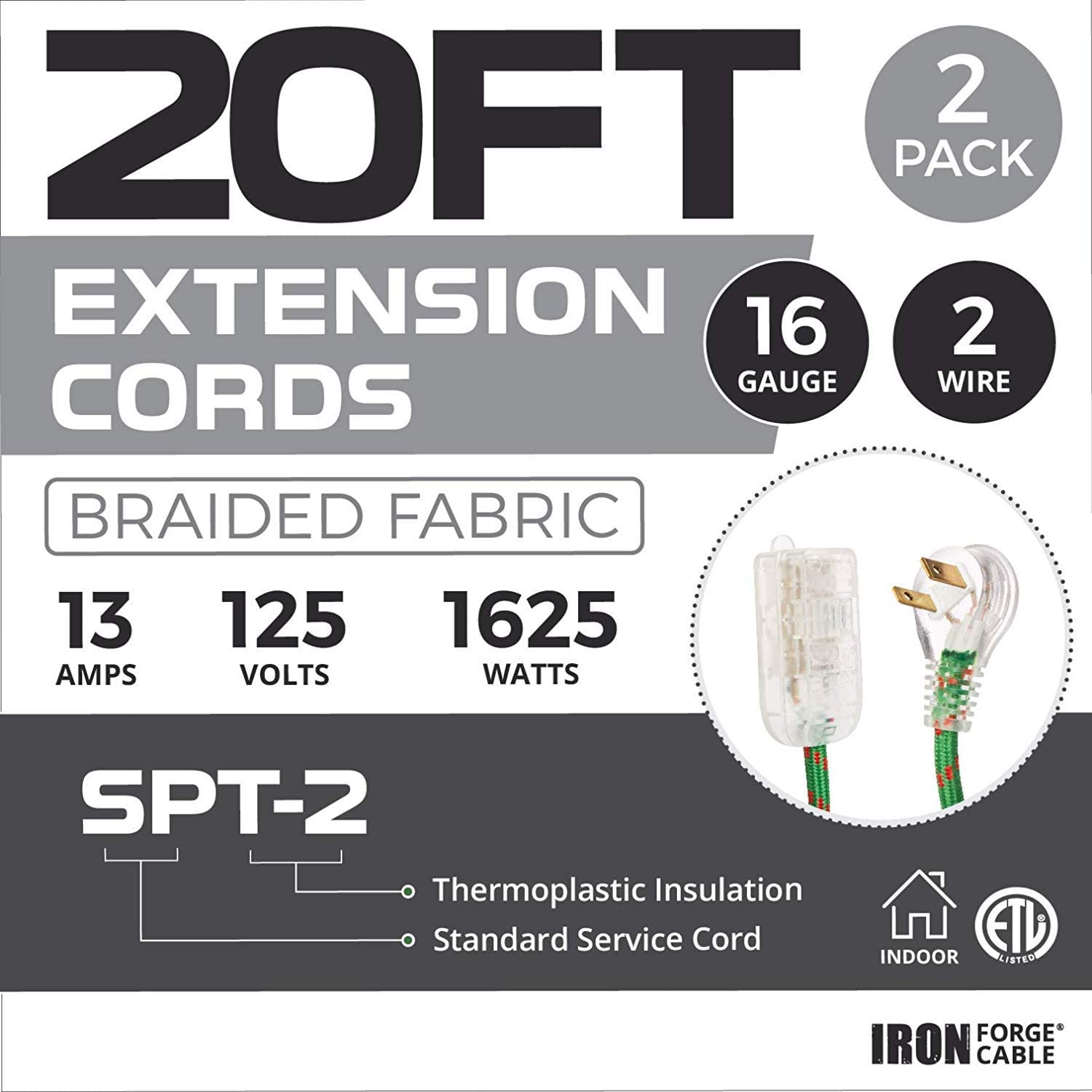 IRON FORGE CABLE, 20Ft Fabric Extension Cord 2 Pack - 16/2 SPT-2 Green Braided Cloth Electrical Power Cable Set