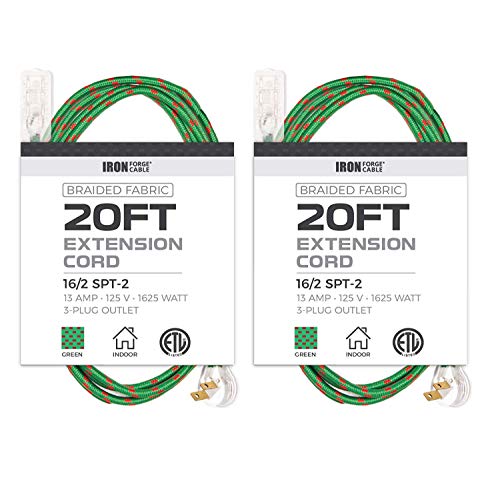 IRON FORGE CABLE, 20Ft Fabric Extension Cord 2 Pack - 16/2 SPT-2 Green Braided Cloth Electrical Power Cable Set