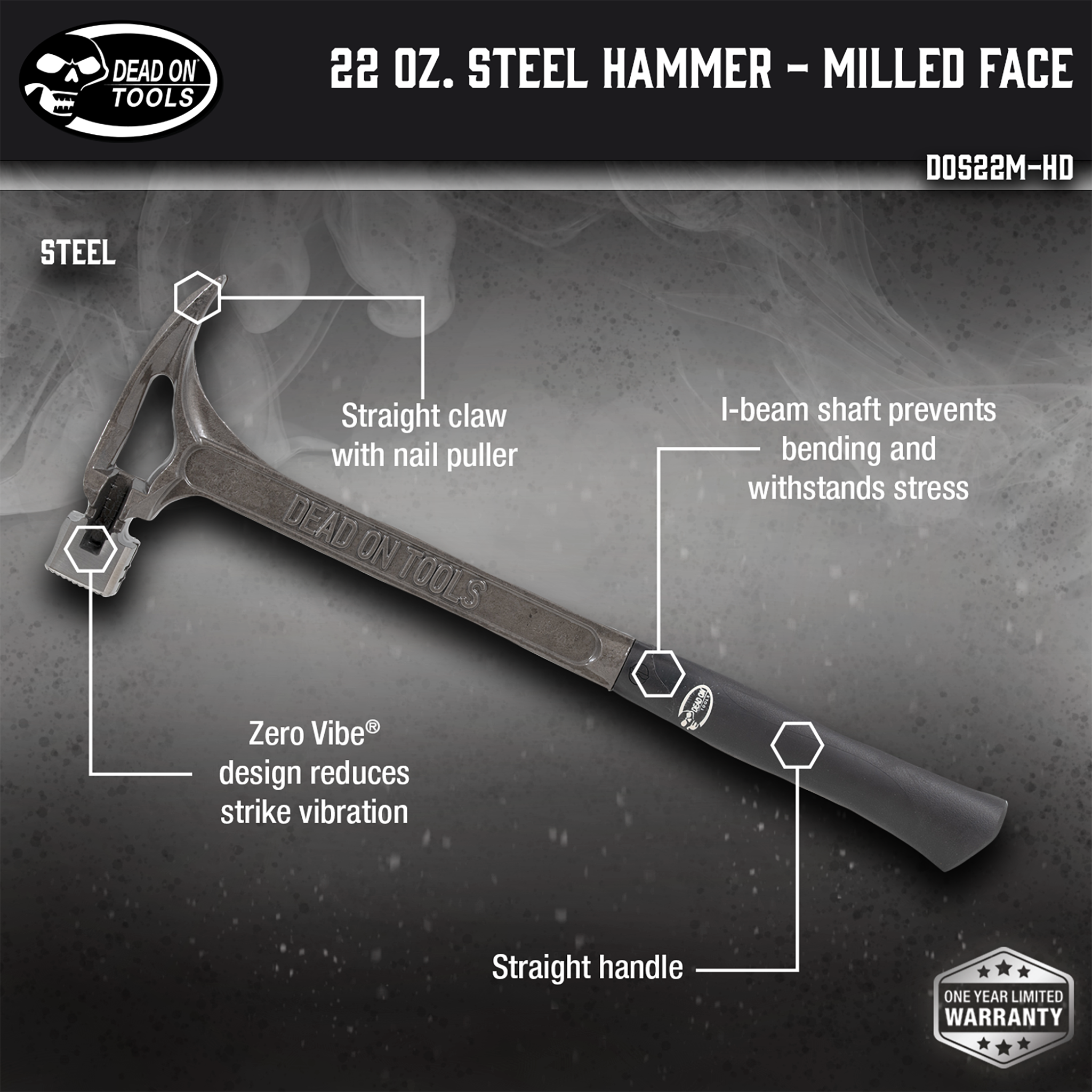 Dead On Tools, 22 oz. Steel Hammer - Milled Face