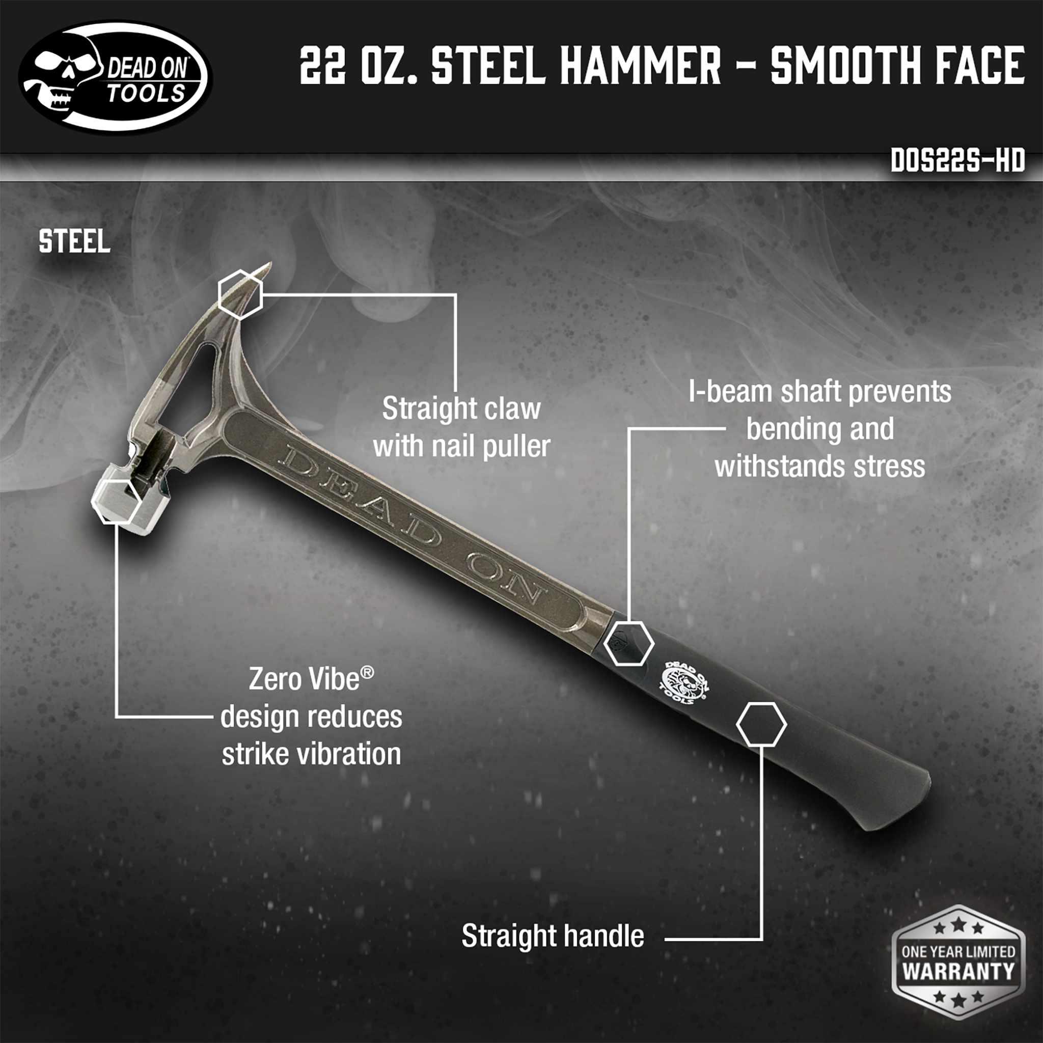 Dead On Tools, 22 oz. Steel Hammer - Smooth Face