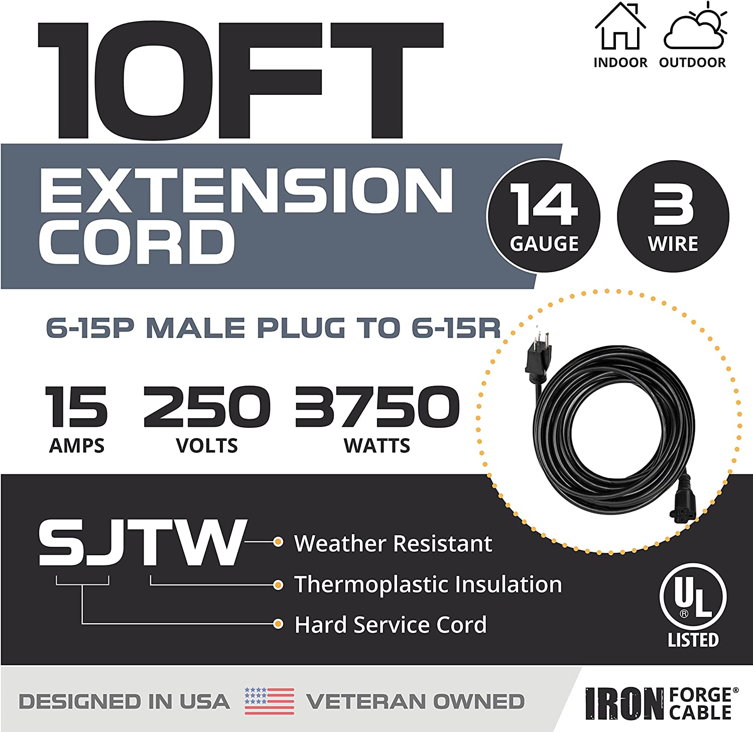 IRON FORGE CABLE, 220/240 Volt Extension Cord, 10 Ft - 14/3 SJTW 6-15P Male Plug to 6-15R Female Receptacle