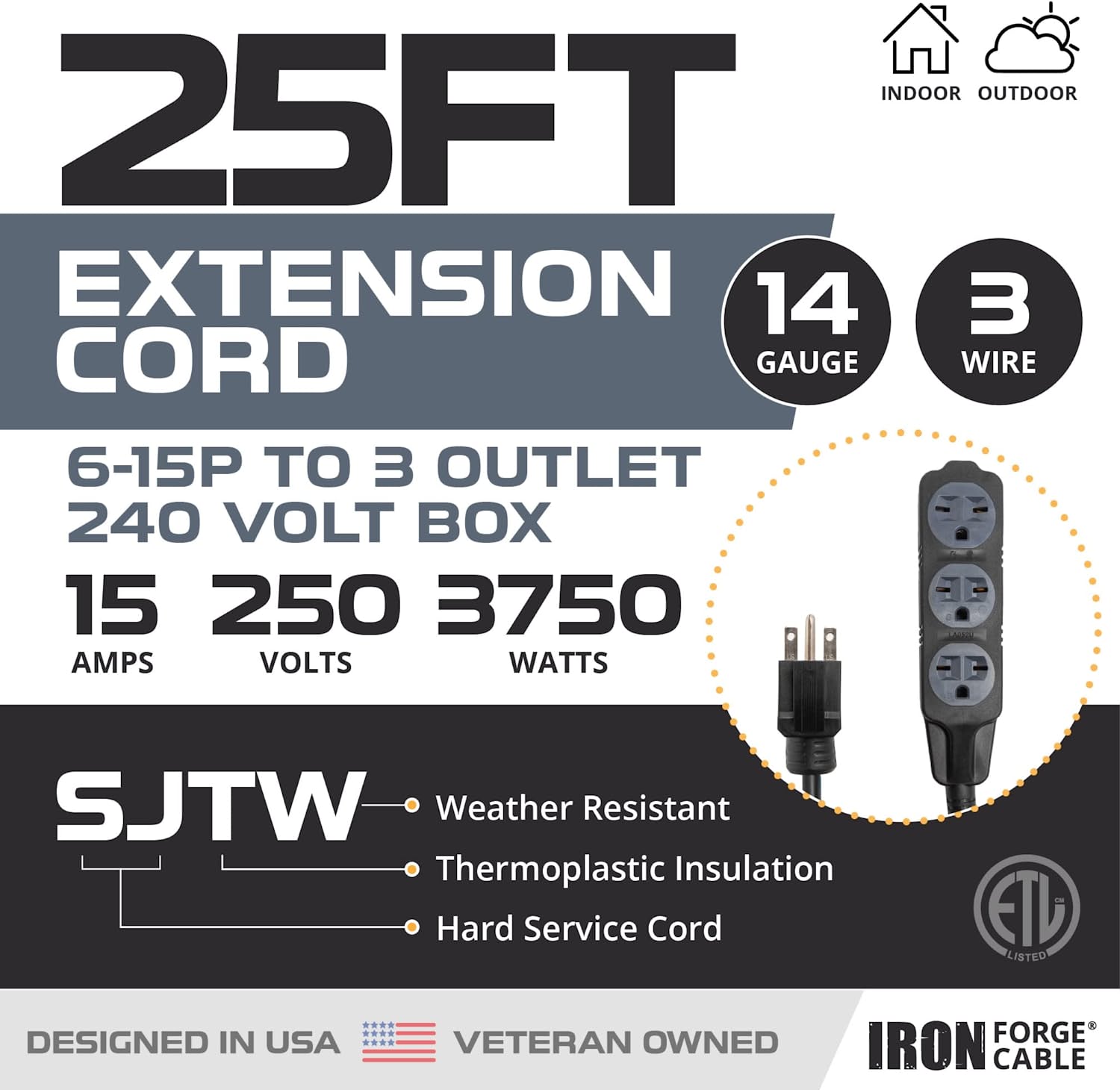 IRON FORGE CABLE, 220/240 Volt Extension Cord, 25 Ft - 14/3 SJTW 6-15P Male Plug to Three Box Outlets