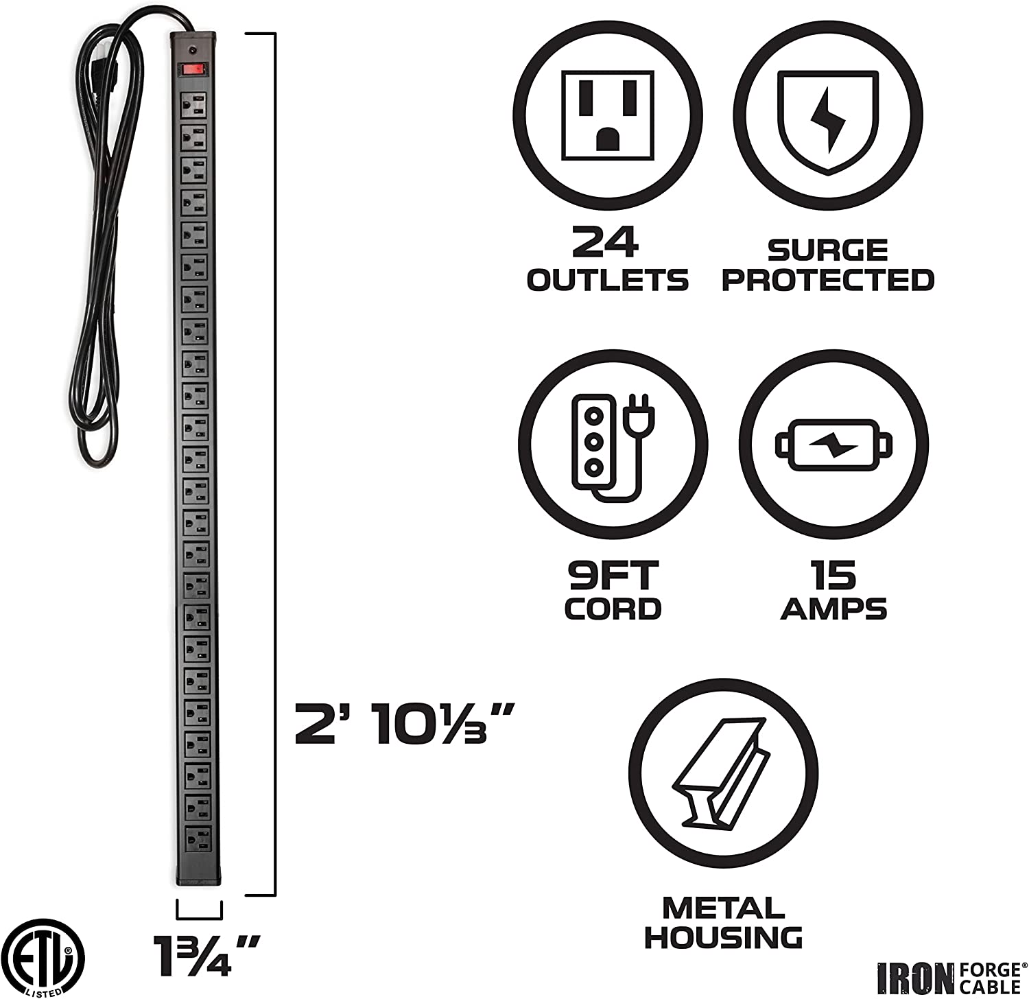 IRON FORGE CABLE, 24 Power Outlet Surge Protector Power Strip -9 Ft Extension Cord -450 Joule 15 AMP