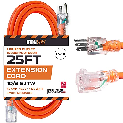 IRON FORGE CABLE, 25 Foot Lighted Outdoor Extension Cord - 10/3 SJTW Orange 10 Gauge Extension Cable with 3 Prong Grounded Plug for Safety - Great for Garden and Major Appliances