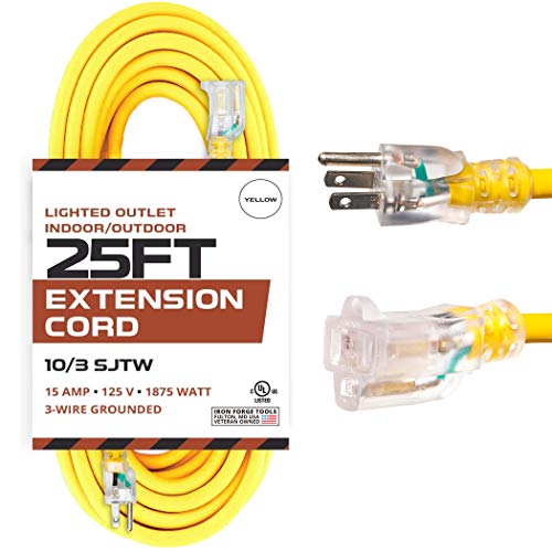 IRON FORGE CABLE, 25 Foot Lighted Outdoor Extension Cord - 10/3 SJTW Yellow 10 Gauge Extension Cable with 3 Prong Grounded Plug for Safety - Great for Garden and Major Appliances