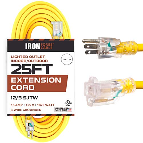 IRON FORGE CABLE, 25 Foot Lighted Outdoor Extension Cord - 12/3 SJTW Heavy Duty Yellow Extension Cable Extension Cable with 3 Prong Grounded Plug for Safety - Great for Garden and Major Appliances